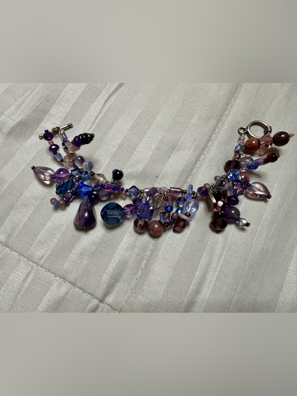 Custom Made Beaded Bracelet Purple Blue Silver Tone Clasp